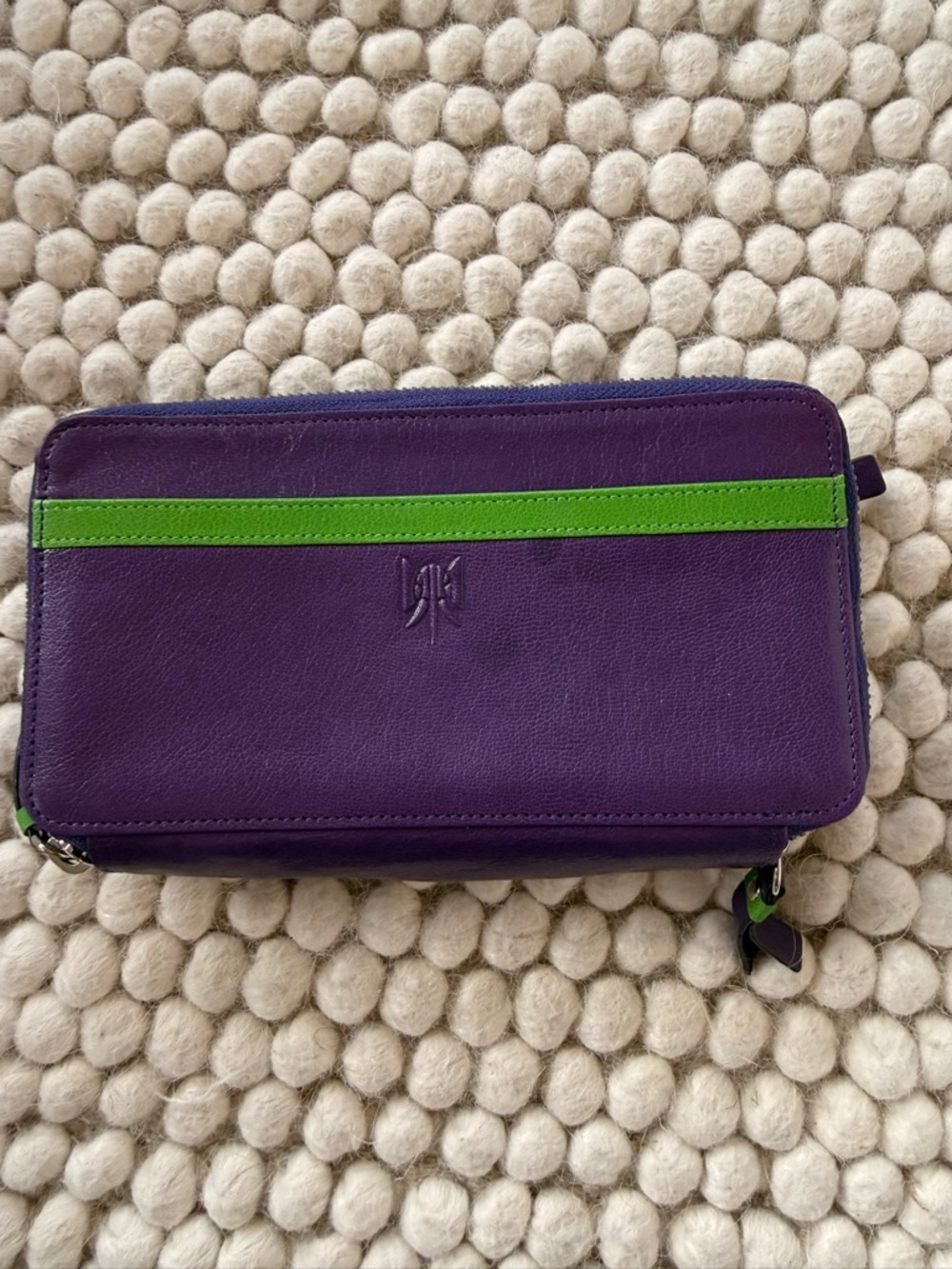 Purple Leather Zip Wallet with Lime Green Accent